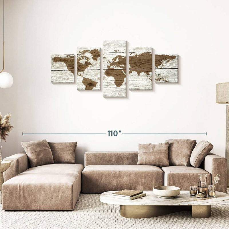 Carte du monde en bois III sur toile, ensemble de 5 pièces, H 74 po x l 34 po x P 1,25 po