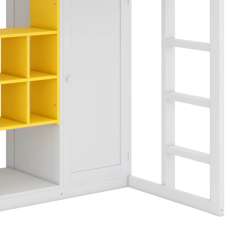 Lit mezzanine avec garde-robe intégré, tablettes, armoire et marches, Blanc / jaune, Simple