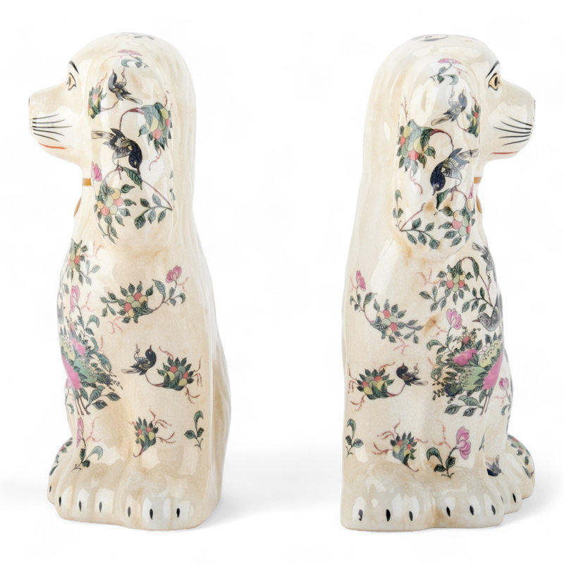 Porcelain Staffordshire Dog Figurines Pair, White floral