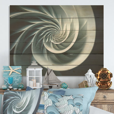 Turquoise Twirl Shell Fish Spiral - Nautilus Wood Art On Natural Pine Wood