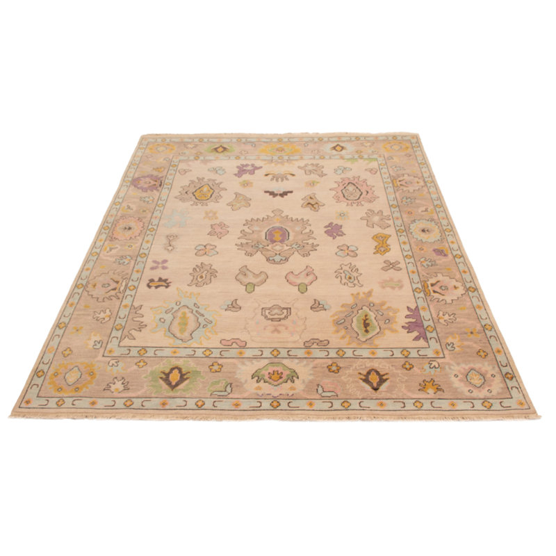 Tapis beige en laine noué à la main moderne Oushak 7 pi 11 po x 9 pi 10 po