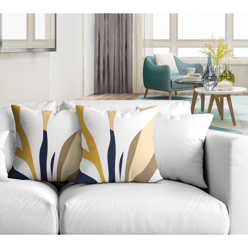 Jeté carré en polyester / mélange de polyester intérieur / extérieur, L 17 po x H 17 po, Jaune / bleu marine / beige