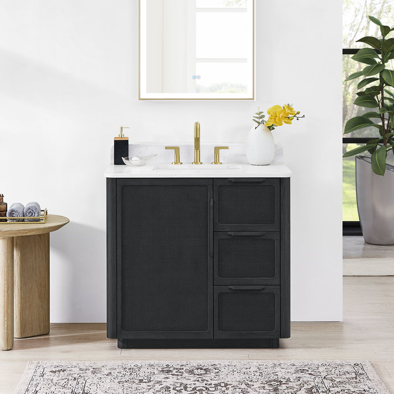 Busan 36" Single Bath Vanity with White Quartz Stone Top, Oak Classic Black