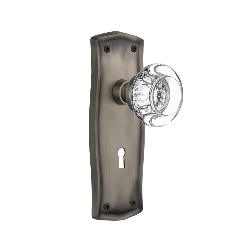 Prairie Plate with Decorative Keyhole and Round Clear Crystal Door Knob, Antique Pewter, 2-3/8"