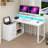 55'' L-Shape Computer Desk With LED Lights, Power Outlets & Drawer Shelves-419479128