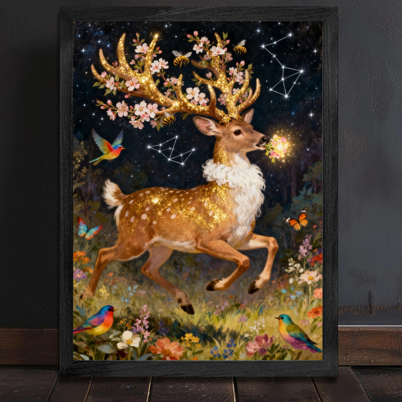 Cadre noir cerf céleste floral art mural fantaisiste Boho, H 17 po x l 13 po