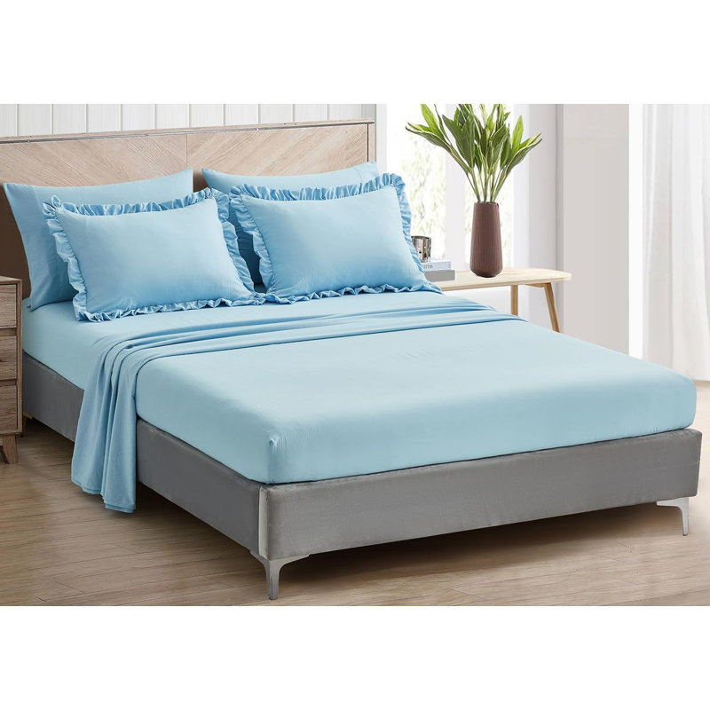 Ruffled Edge Microfiber Bed in a Bag Comforter Set, Twin Comforter + 4 Additional Pieces, Chambray Blue