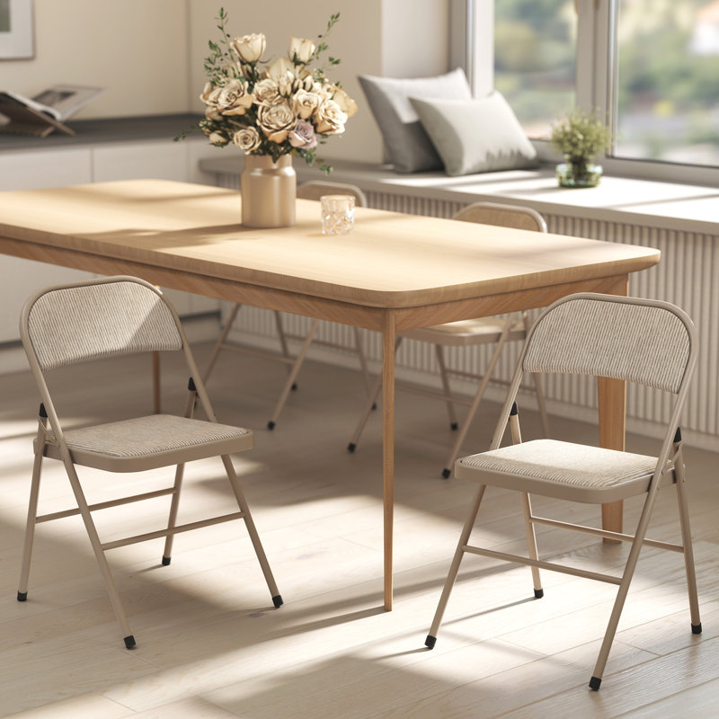 Metal Folding Chairs with Linen Cushion Foldable Chairs Beige