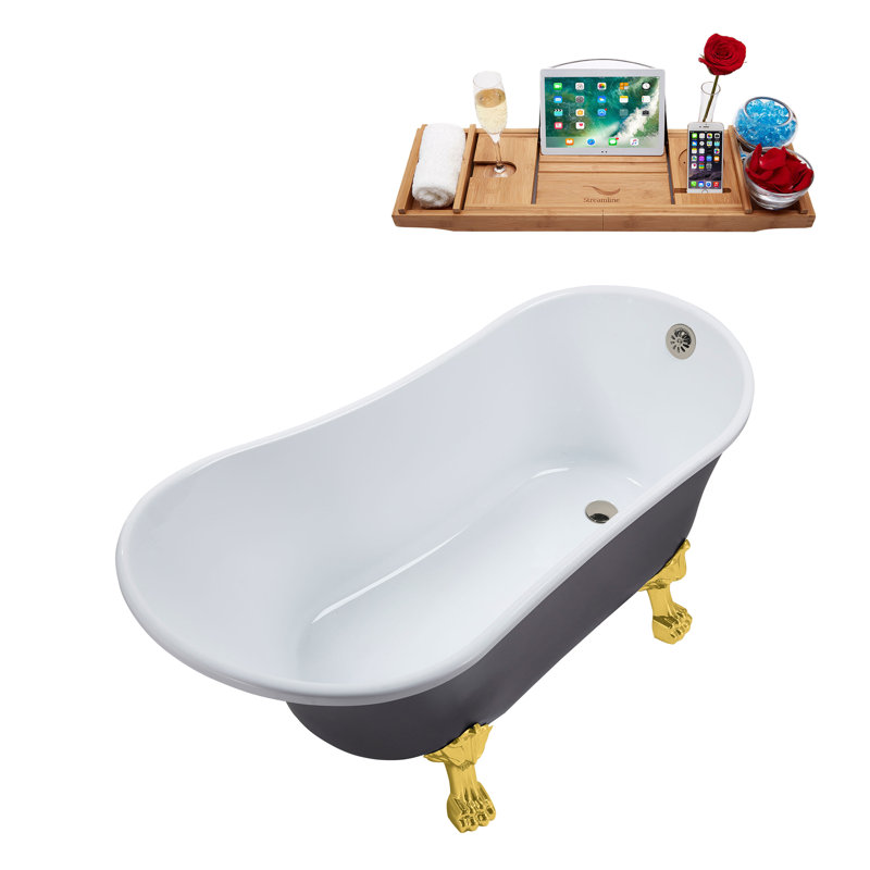 55" Streamline Clawfoot Soaking Acrylic Bathtub With Drain, Clawfeet, and Bamboo Tray, Brushed Nickel, Polished Gold