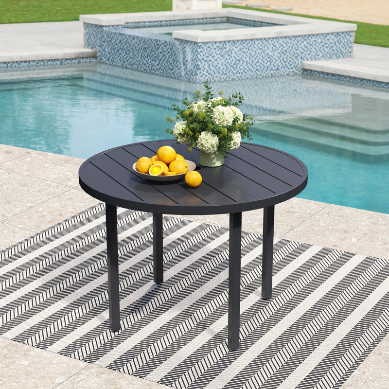 Metal Outdoor Table, Round Table for 6 with Umbrella Hole, Patio Table with Modern Minimalist Design, Black