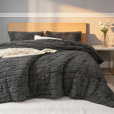 Queen Sherpa Fleece Comforter Set 3-Piece For Winter, Plush Tufted In Dark Grey