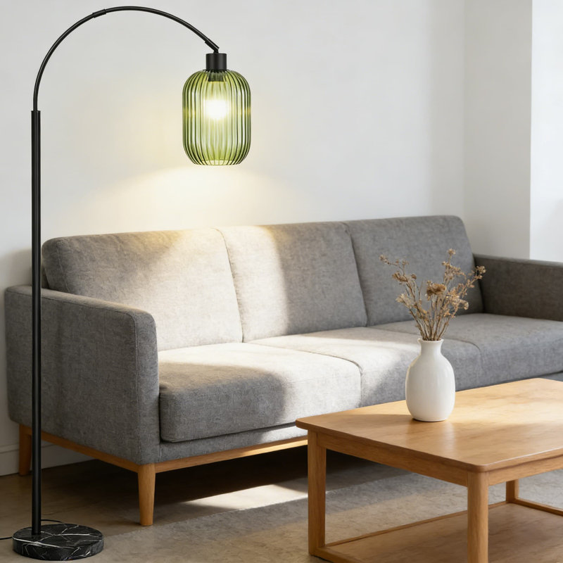 Modern Glass Floor Lamp With Ribbed Shade And Marble Base, 68-Inch Tall Standing Lamp With Remote Control, Pedal Switch, And Included LED Bulb For Living Room And Bedroom