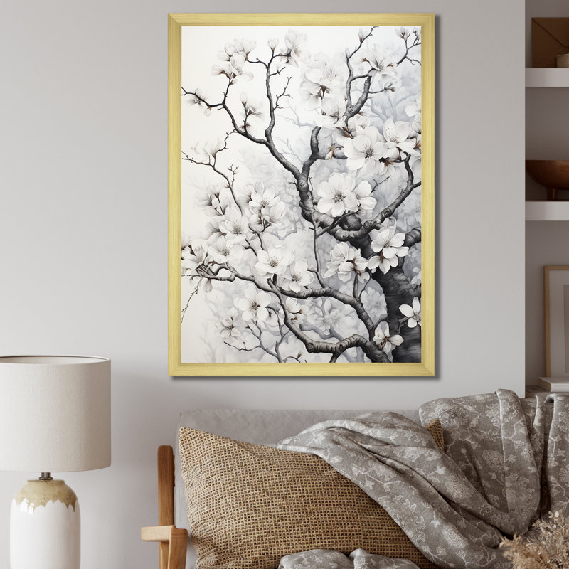 Grey White Tree Graphite Whispers I - Landscape Trees Wall Art Prints, L 16 po x H 32 po, Cadre photo doré