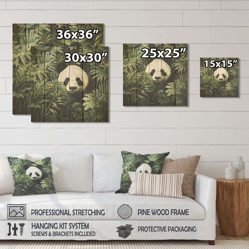 Panda caché dans un feuillage de bambou II - animal panda sur bois, H 15 po x l 15 po