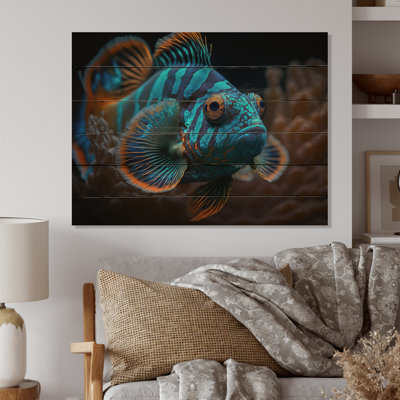 Magnifique poisson mandarine dans des tons de bleu - Art animalier en bois, bois de pin naturel