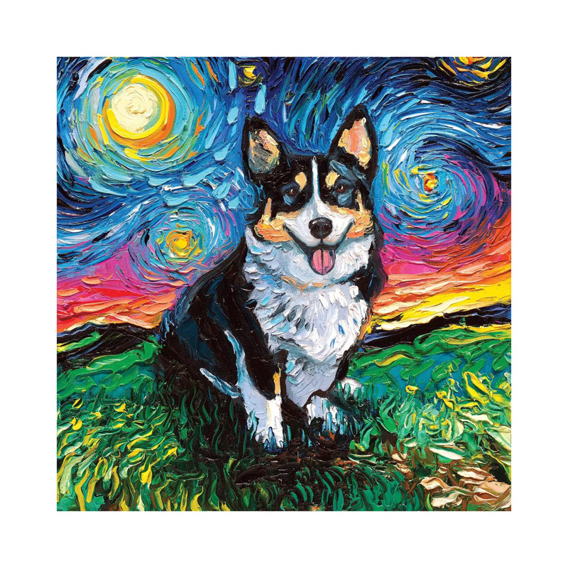 Reproduction d’art, "Corgi Night" tri-color par aja Trèves, Pas de tapis, H 26 po x l 26 po x P 1,5 po, Toile tendue