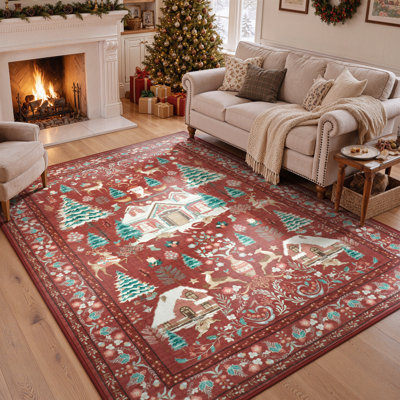 Tapis de Noël, motif hivernal festif, lavable et antidérapant, idéal pour le salon, la chambre à coucher, l'entrée et la salle à manger.