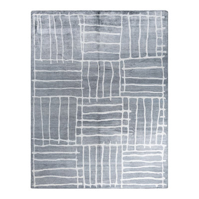 Tapis moderne noué à la main de conception unique - gris, 9 pi 0 po x 11 pi 10 po Modern