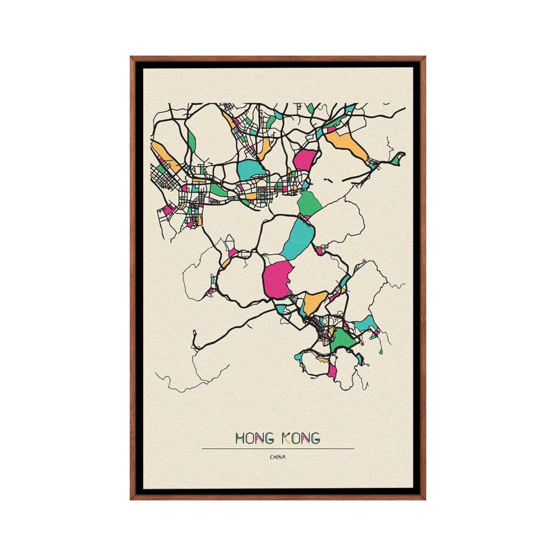 Hong Kong, China Map by Ayse Deniz Akerman - Floater Frame Print on Canvas