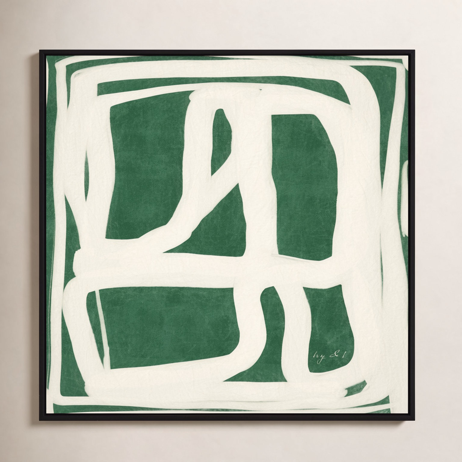 Green White Movement Painting by Ivy and I, 36" H x 36" W x 2" D, Black Framed Canvas, No