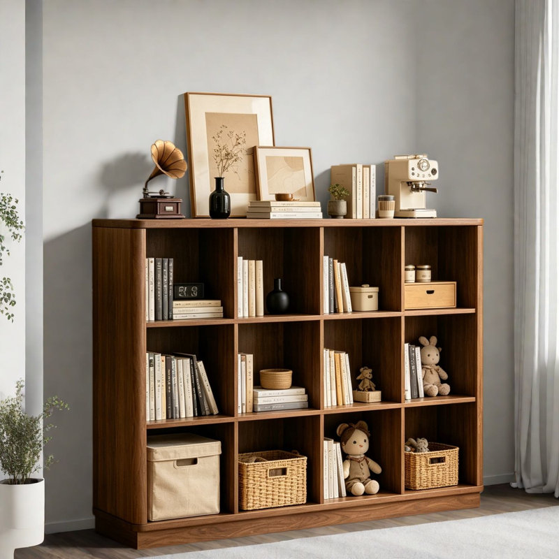 Bibliothèques de rangement cubiques, panneau de fibres à densité moyenne noyer, style maison de campagne