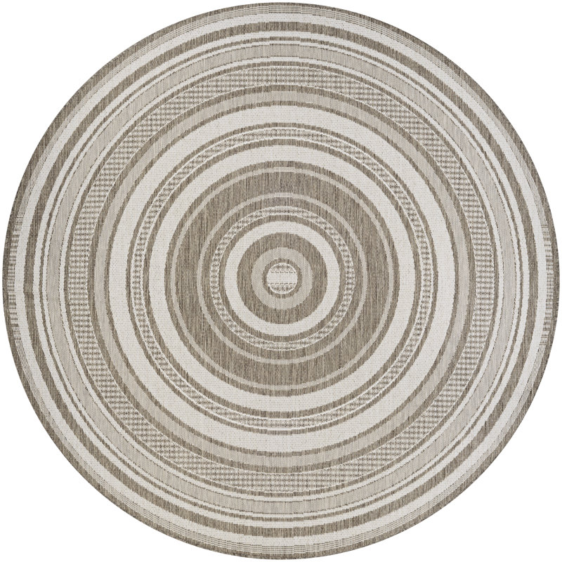 Tapis rayé intérieur / extérieur Sania, Champagne ivoire / taupe, Rond 8 pi 6 po