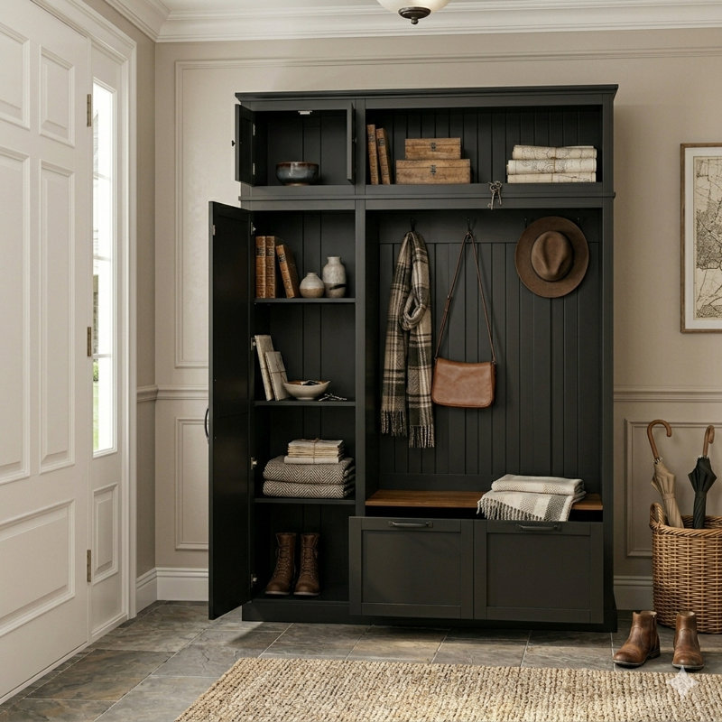 Traditional 3-In-1 Entryway Hall Tree, Large Mudroom Organizer With Grooved Back Panel And Wood Top Bench, Black, Black