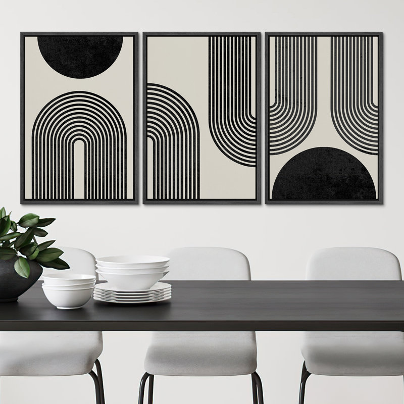 Black Mid-Century Modern Contemporary Pictures Boho Home Decor - Framed Canvas Print Wall Art Work, Black Framed