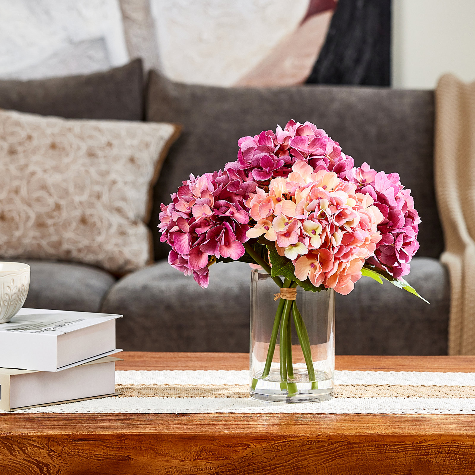 13In Artificial Hydrangea Flowers In Vase - Faux Hydrangea Flowers With Clear Glass Vase & Faux Water, Table Centerpiece For Home Decor, Office, Dining Room
