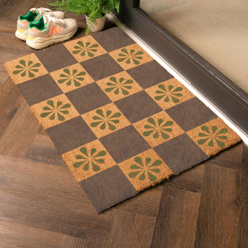 Petal Checkerboard Coir Doormat, 60cm W x 90cm L, Blue/Yellow