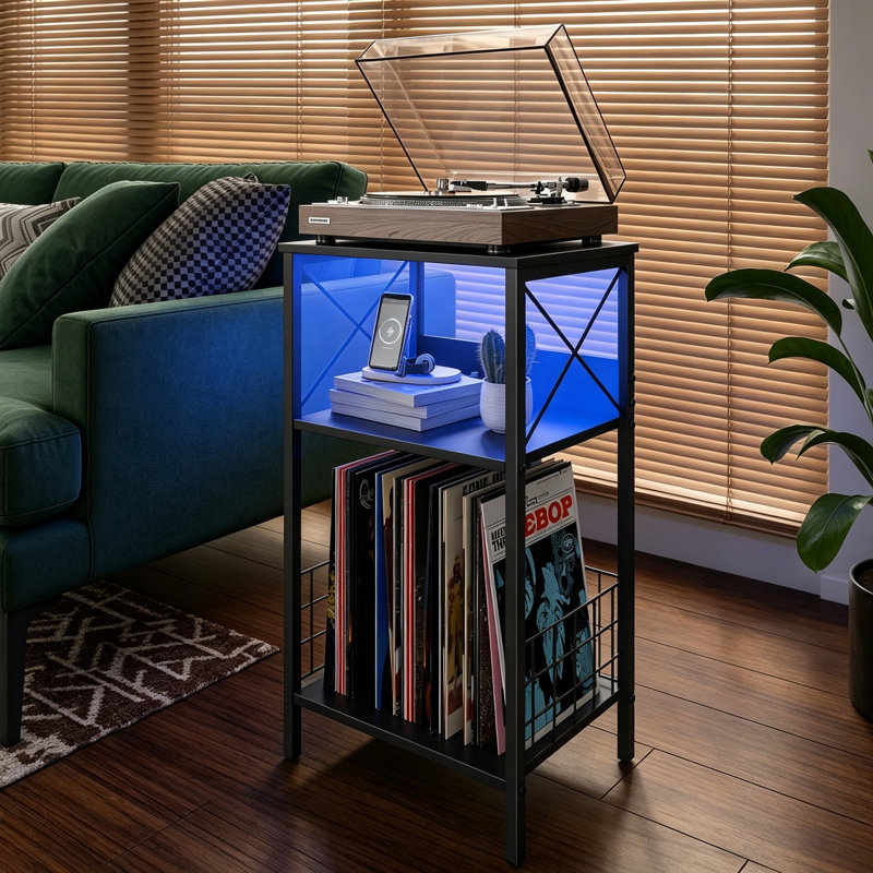 3 Tier End Table with Charging Station, LED Record Player Stand for Vinyl Storage, Side Table for Living Room Bedroom, Black