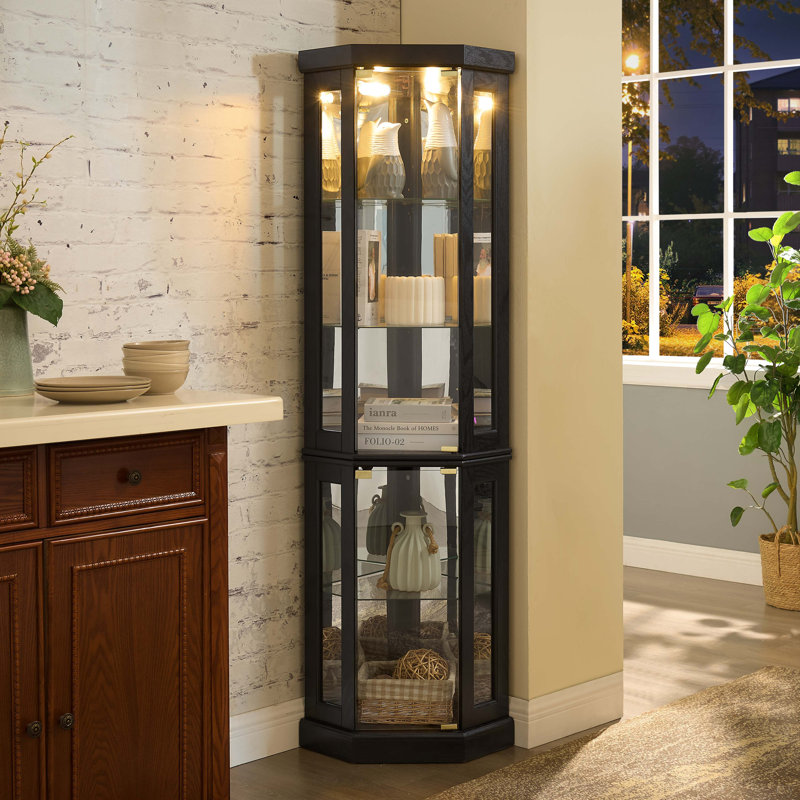 Bibliothèque d'angle avec portes en verre et lumière, vitrine à 5 niveaux avec tablettes réglables, bibliothèque autoportante pour le salon, bureau