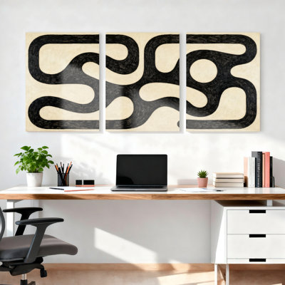 Ensemble de 3 tableaux abstraits aux lignes courbes noires et crème, montés sur toile, pour une décoration murale moderne dans un salon, une chambre ou un bureau.