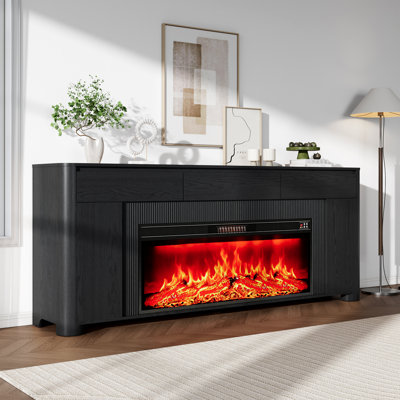 Meuble télé avec foyer électrique de 107 cm (42 pouces), compatible avec les téléviseurs jusqu'à 203 cm (80 pouces), coins arrondis et base épaisse, noir.