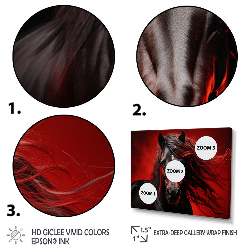 Red Black Horse Vibrant Red Equine II - Animals Wall Art Prints, H 16 po x l 32 po x P 1 po, Cadre photo noir