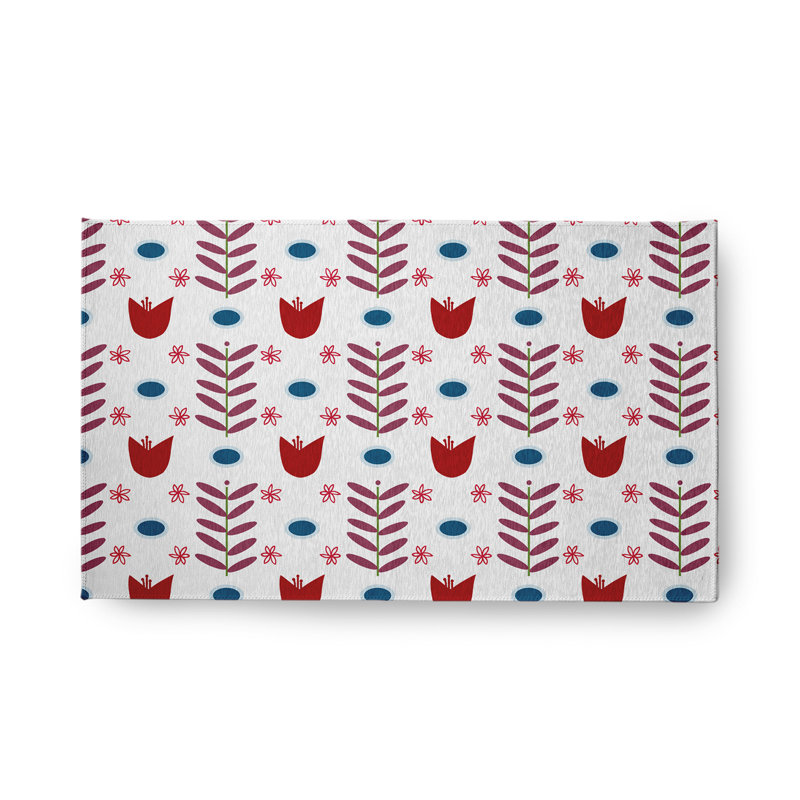 Tapis intérieur / extérieur tissé à la machine Floral en chenille rouge / blanc / bleu, Rectangle 1 pi 6 po x 2 pi 6 po
