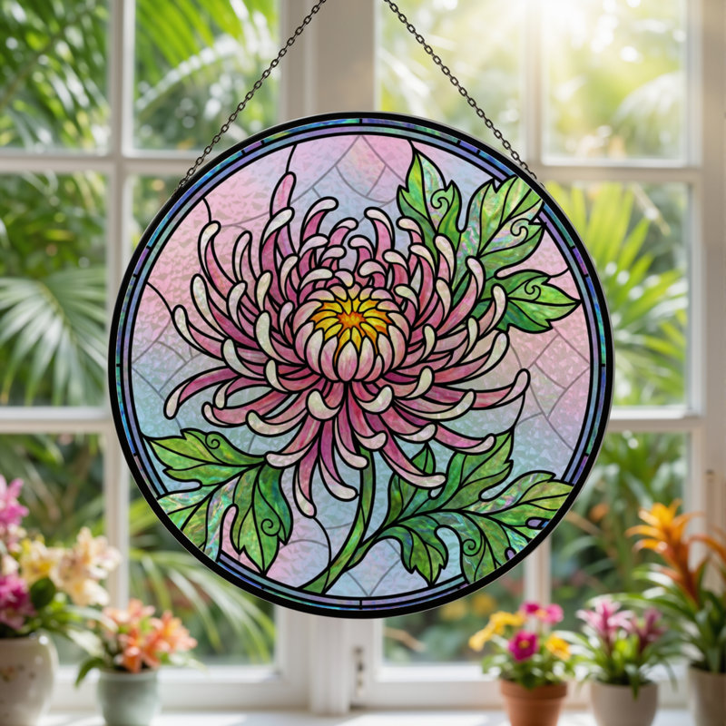 Panneau de vitrail en verre coloré 12 po H Chrysanthemum, H 12 po x l 12 po