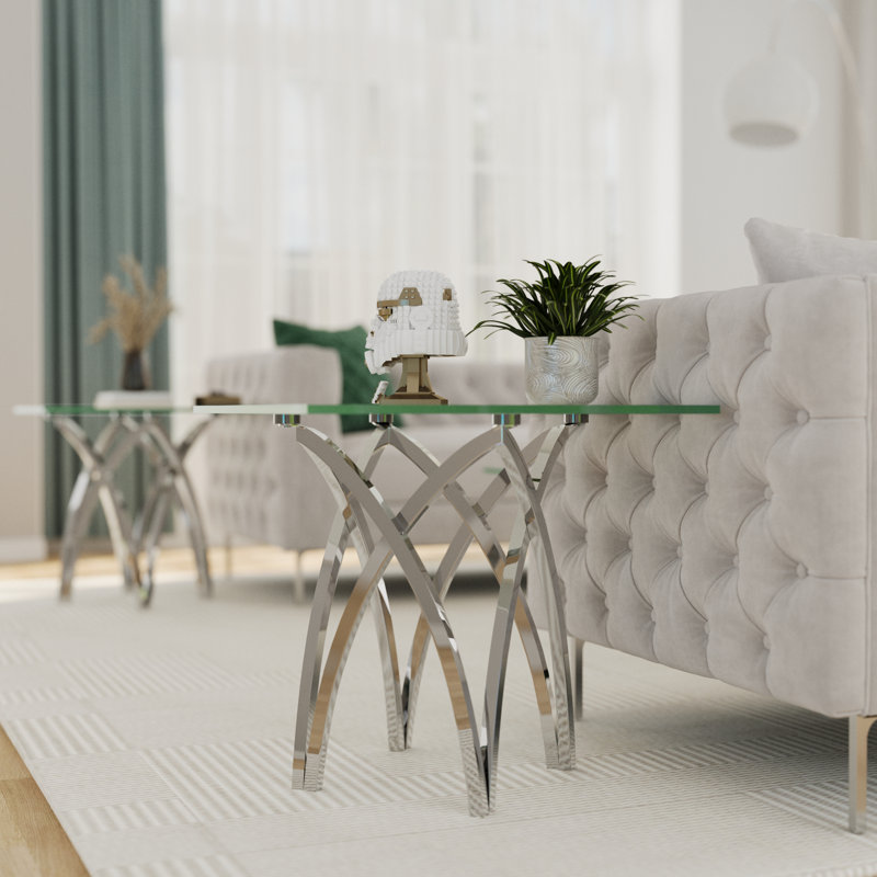 24 Inch Clear Tempered Glass End Table Set Couch Side Table With Mirrored Silver Base Set Of 4