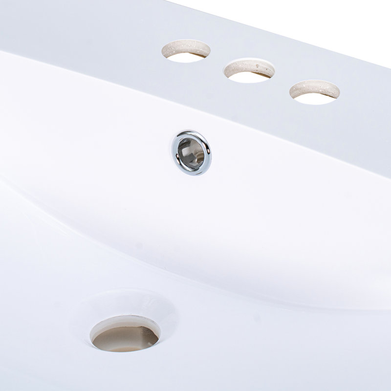 Meuble-lavabo en céramique blanche de 61 cm (24 po), 3 trous pour robinet, réglable de 10 cm (4 po), forme rectangulaire moderne, couvercle en céramique blanche de 46 cm (18 po) de profondeur x 17 cm (6,6 po) de hauteur, compatible avec 3 styles.
