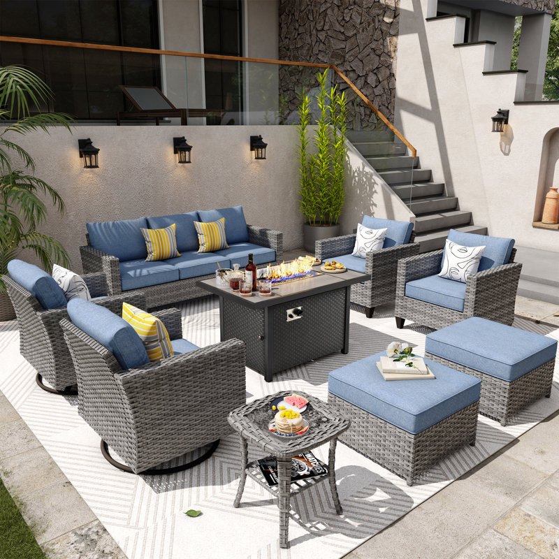 GRS Premium All-Weather Wicker 9 - Person Patio Conversation Set with Cushions, Blue, Yes