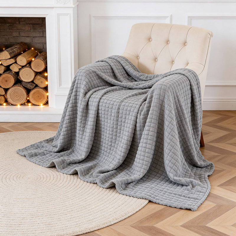 Machine Tufted Throw Blanket, 200cm x 150cm, Grey, Checkered