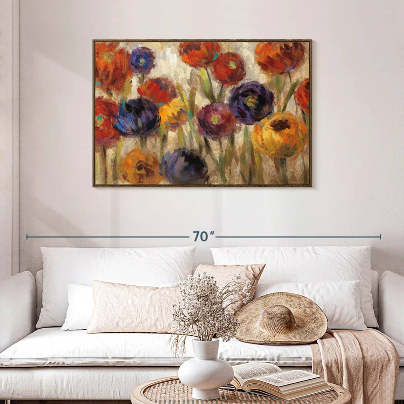 Asters et mamans, 43 po x 29 po, Cadre flottant noyer