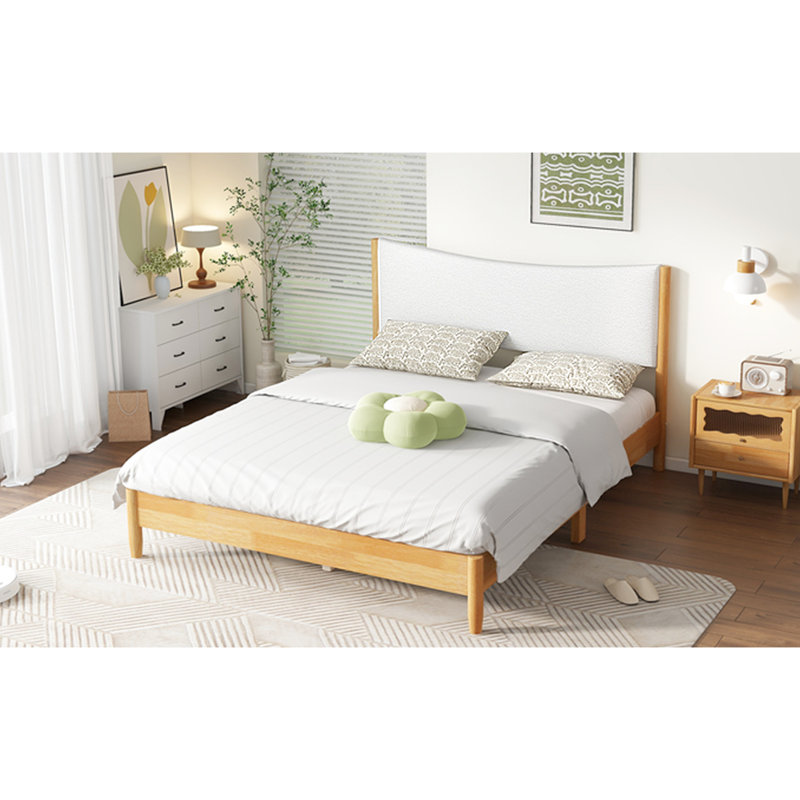 Grand lit en bois massif, tête de lit tapissier Boucle, blanc hêtre, rembourrage en mousse confortable
