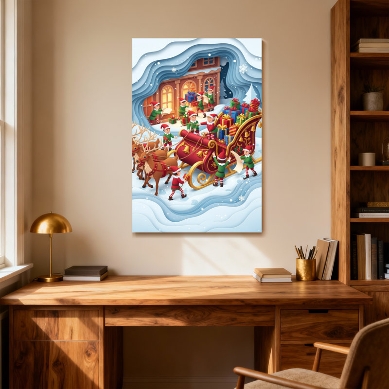 Noël, Noël, elfes, traîneau, rennes, scène enneigée, H 18 po x l 12 po
