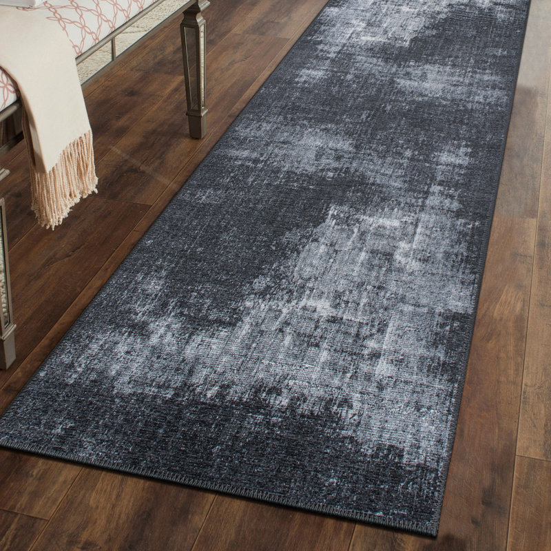 Tapis noir / gris à motif abstrait lavable à la machine Priebe, Tapis de couloir 2 pi 6 po x 10 pi