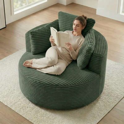 Fauteuil demi-tonneau rembourré 49 po Corduroy, chaise longue surdimensionnée ronde, aucun assemblage requis