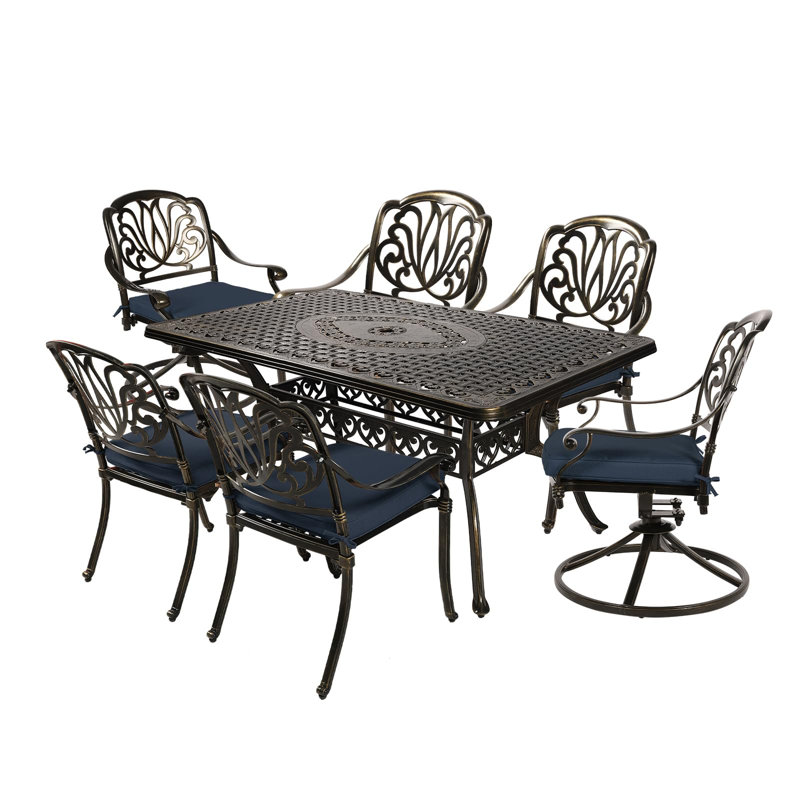 6 - Person Patio Dining Set with Rectangular Table , Cushions Included, Navy Blue