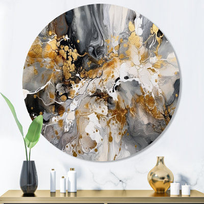 Gris délicat et délicat, coups de pinceau abstraits IV - marbre abstrait, art mural rond sur métal