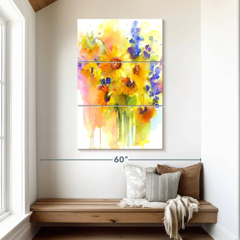 Harnek tournesols et delphinium, H 50 po x l 32 po