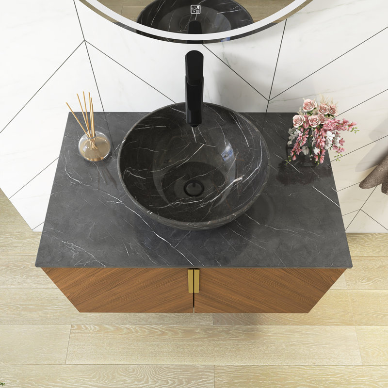 30" Wall Mounted Bathroom Vanity With Sintered Stone Countertop And White Round Ceramic Basin
